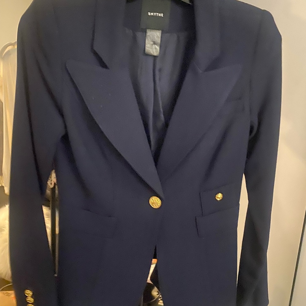New W/T Smythe Duchess Navy Blue Blazer with Gold Accents